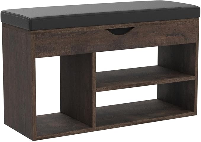Apicizon 31 Inches Storage Bench with Padded Cushion, Shoe Bench with Storage Space, Upholstered Entryway Bench for Living Room, 2-Tier Shoe Rack Organizer, Brown