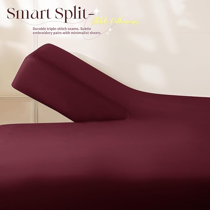 Manyshofu 4 Piece Split Head King Sheets Sets for Adjustable Bed Sheet, Flex Head Split Top King Sheets Burgundy Sheet Set - 1800 Thread Count Bedding Set with 14-16 Inch Deep Pockets