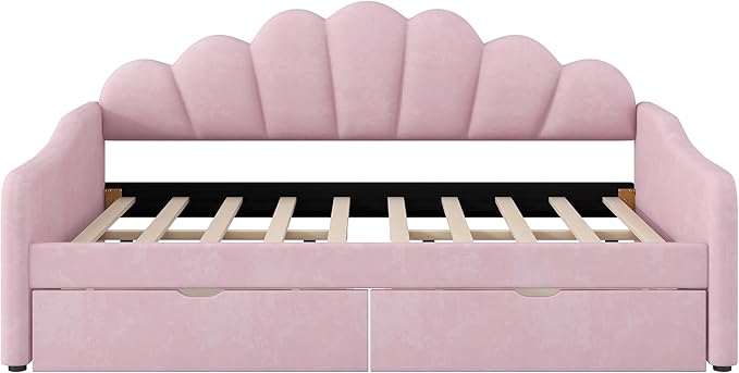 Merax Modern Upholstered Platform Bed Frame with Shall Shaped Backrest & Storage Drawers, Velvet Low Sofa Day Bed, No Box Spring Needed/Easy Assemble/Full,Pink
