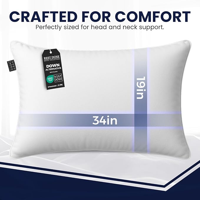 Bed Pillows for Sleeping, Set of 2 – Cooling, Hotel Quality with Soft Down Alternative Fill for Back, Stomach & Side Sleepers | White 100% Cotton King