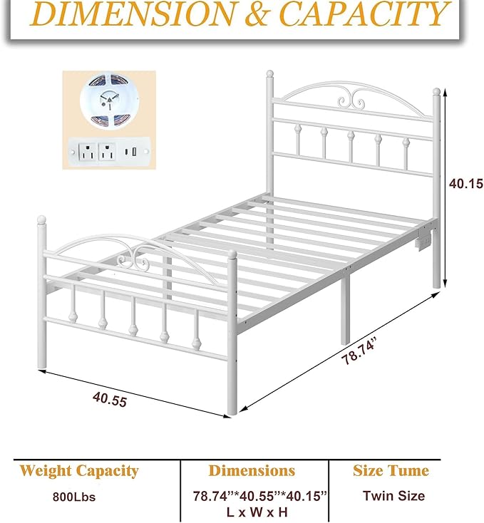 12 Inch Twin Size Bed Frames with Charging Station,White Metal Platform Bed Frame with LED Lights,Heavy Duty Metal Steel Slats Support,No Box Spring Needed,Noise Free,Easy to Assemble