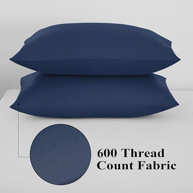100% Egyptian Cotton Pillow Protectors Set of 4, 600 Thread Count Queen Size Bed Pillow Cases with Zipper, Sateen Weave Cooling Pillow Cases Quiet and Breathable Easy Care (4PCS, Queen, Navy Blue)