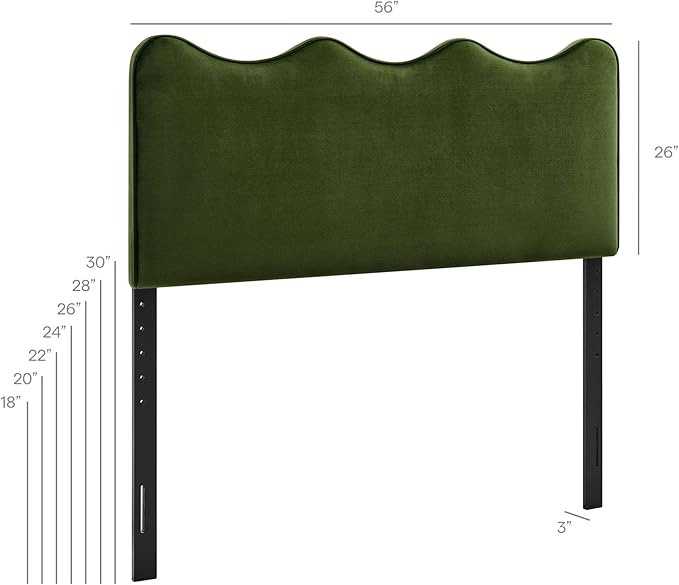 Monday Athena Full Size Performance Velvet Adjustable Headboard in Moss Green - with Scalloped Wave Design and Stain-Resistant Velvet Upholstery