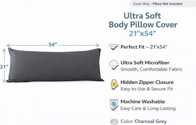 EVOLIVE Ultra Soft Microfiber Body Pillow Cover/Pillowcases 21"x54" with Hidden Zipper Closure (21"x54" Body Pillow Cover, Charcoal Grey)