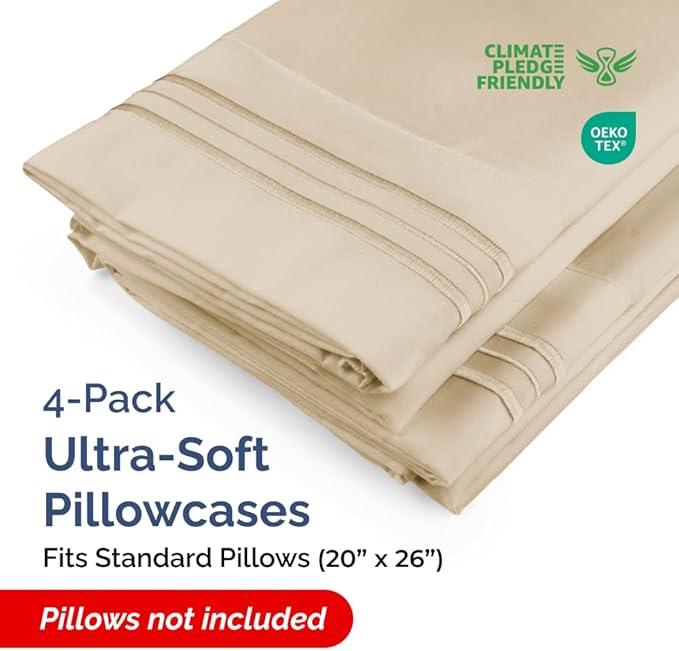 Standard Pillow Cases Set of 4 - Ultra Soft Hotel Quality Pillowcase Covers - Comfy Cozy Bedding for Women, Men, Kids & Teens - Machine Washable Pillow Protectors - 4 Piece Set - Standard Size Wheat