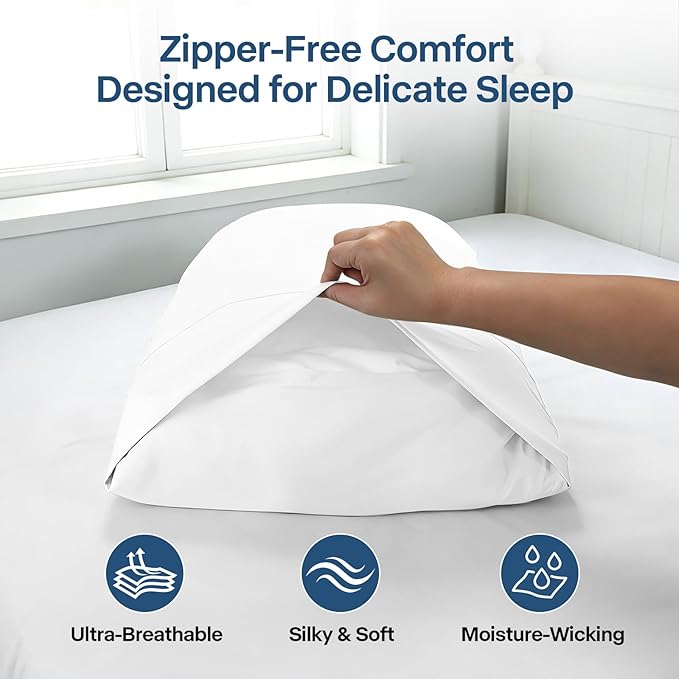 Premium Cooling Pillowcases Queen Size Set of 2 for Hot Sleepers&Night Sweats Beauty Sleep Reduces Wrinkles&Frizz Softer Than Silk Pillow Cover Oeko-TEX Certified White Breathable