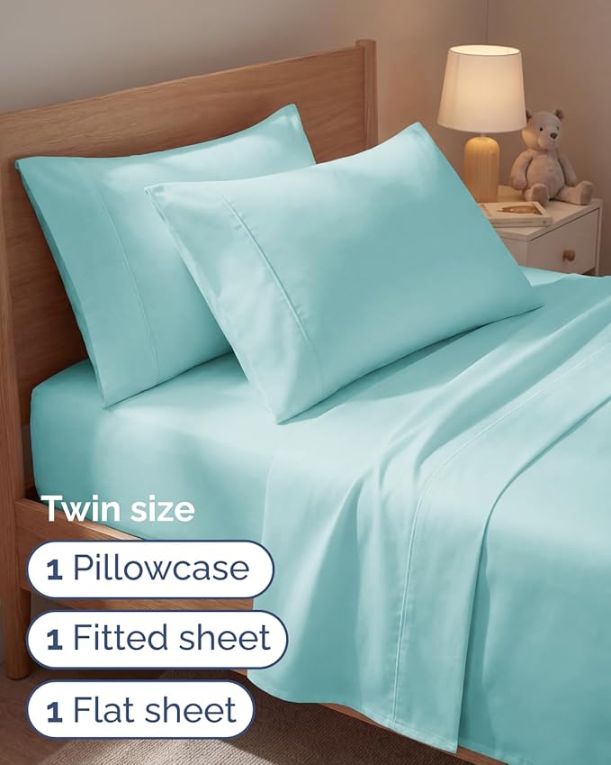 Twin 4 Piece Sheet Set - Comfy, Breathable & Cooling - Hotel Luxury Bedding for Women, Men, Kids, Teens and Children - 1 Flat & 1 Fitted Sheet & 2 Pillowcases w/ Deep Pockets - Wrinkle Free - Spa Blue
