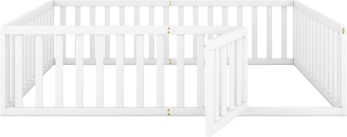 Bellemave Queen Size Montessori Floor Bed with 21.7" High Rails, Pine,Plywood Floor Bed with Small Door, White