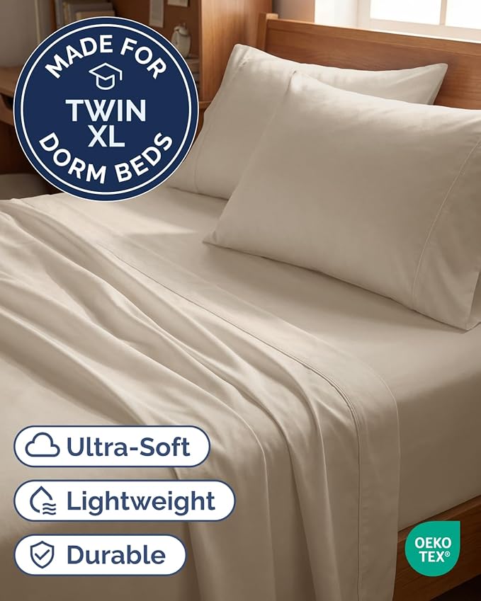 Twin XL 4 Piece Sheet Set - Comfy, Breathable & Cooling - Hotel Luxury Bedding for Women, Men, Kids, Teens and Children - 1 Flat & 1 Fitted Sheet & 2 Pillowcases w/ Deep Pockets - Wrinkle Free - Wheat