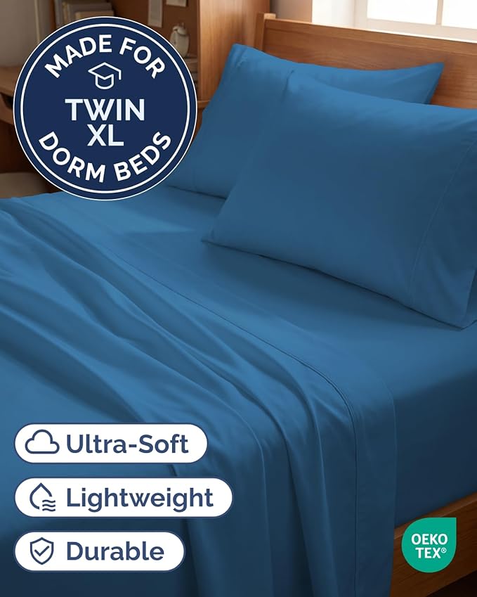 Twin XL 4 Piece Sheet Set - Comfy, Breathable & Cooling - Soft Hotel Luxury Bedding for Women, Men, Kids, Teens and Children - 1 Flat & 1 Fitted Sheet & 2 Pillowcases with Deep Pockets - Denim Blue