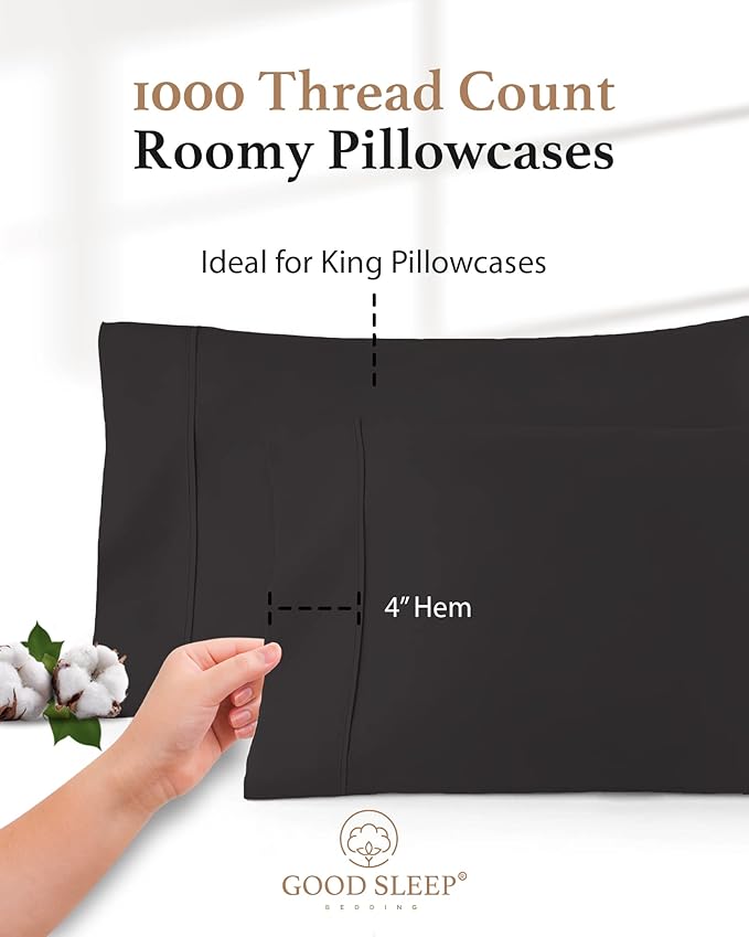 1000 TC Dark Gray King Pillowcases Set of 2 100% Egyptian Cotton Pillow Cases with Long Staple Cotton & Sateen Weave, Silky Soft Hotel - Like Bed Pillow Covers for Comfy Sleeping, Snug Fit