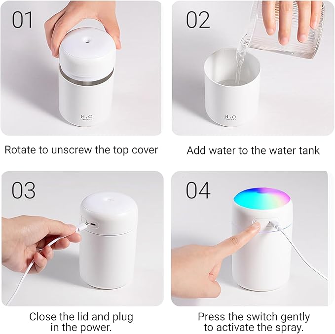 Portable Colorful Cool Mini Humidifier, USB Personal Desktop Humidifier,. Perfect for Bedroom, Office & Car(300ml, White)