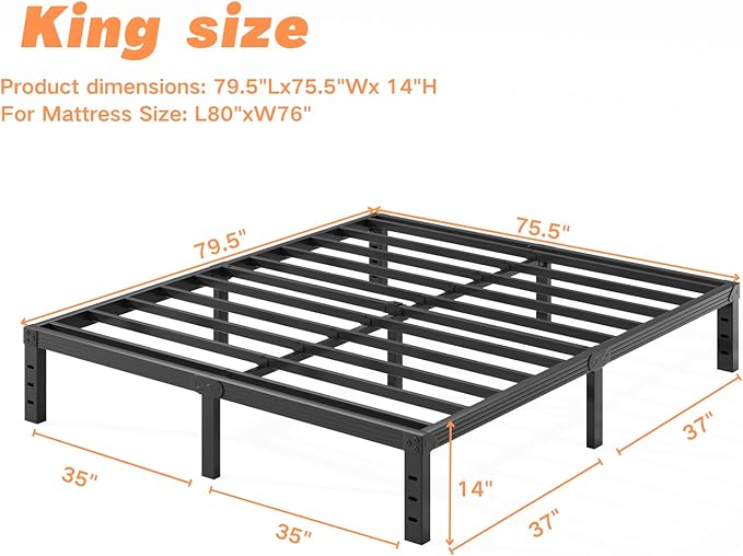 14 Inch King Size Bed Frame Supports up to 2000lbs, No Box Spring Needed, Platform with Heavy Sturdy Metal Steel, Easy Assembly, Under Bed Storage, Noise-Free, Non-Slip
