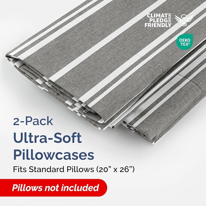 Standard Pillow Cases Set of 2 - Ultra-Soft Hotel Quality Pillowcase Covers - Comfy & Wrinkle Free - Stain and Fade Resistant - Machine Washable Pillow Protectors - 2 Piece Set - Grey Stripes 3