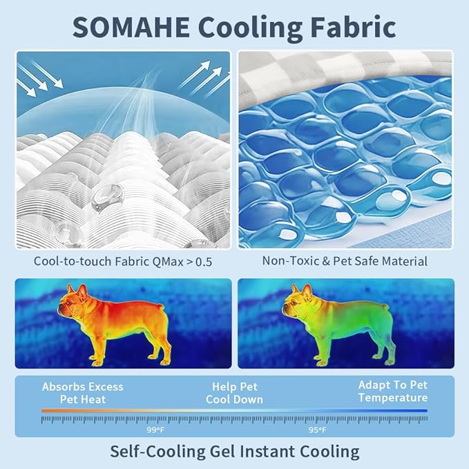 SOMAHE Pet Cooling Mats Pad for Dogs, Portable Summer Self-Cooling Mat with Removable Crescent Pillow for Small Dogs & Cats (Q-Max>0.5), Non-Toxic, All-Day Cooling, 27 x 20 Inches Grey