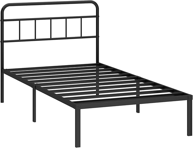 Kujielan 12 inches Twin Size Bed Frame with Minimalist headboard,Metal Platform Base with Strong Metal Slats,Mattress Foundation for Under Bed Storage,Easy Assembly,Black