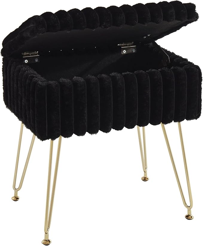 EBENCHICO Vanity Stool Chair with Storage, Faux Fur Stools for Vanity Makeup, Foot Stool Ottoman with 4 Metal Legs, Small Vanity Bench Seat Chairs for Living Room Bedroom