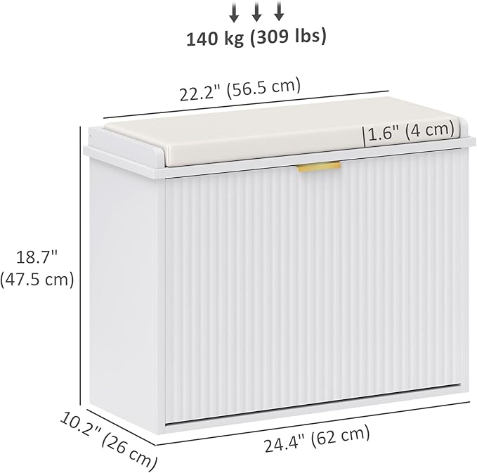 HOMCOM Narrow Shoe Bench with Padded Cushion, Shoe Cabinet with Flip-Drawer and Adjustable Shelf, Small Entryway Bench Holds up to 265lb, 24.4x10.2x18.7 Inches, White