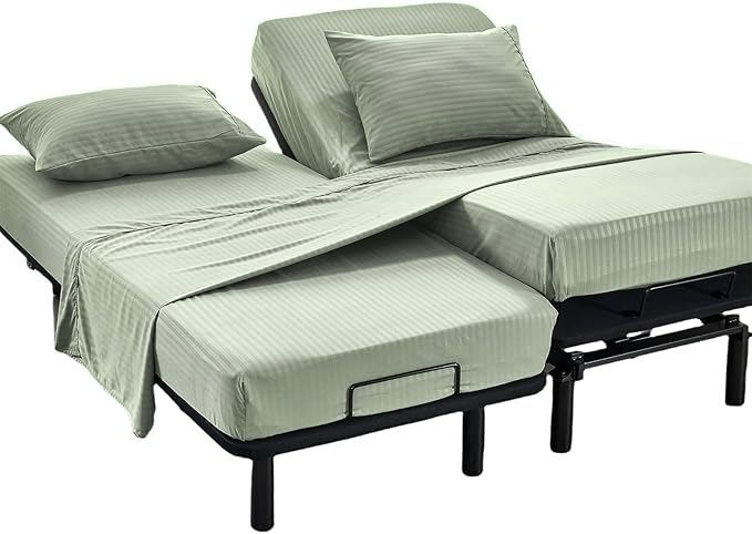 Kingnex Striped Split Queen Sheets for Adjustable Bed Soft 1800 Brushed Microfiber 5 Pieces Set Includes 2 30x80 Fitted Sheets with 14 Max Deep 1 Flat Sheet 2 Queen Size Pillowcases Sage