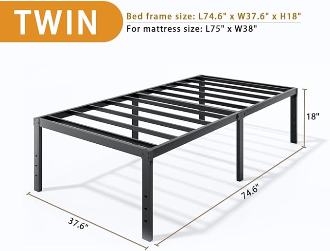 LUMUNANCE Metal Bed Frame Twin Size - 18 Inch Heavy-Duty Twin Platform Bed Frame No Box Spring Needed, Easy Assembly, Noise-Free, Sturdy Mattress Foundation, Underbed Storage Space