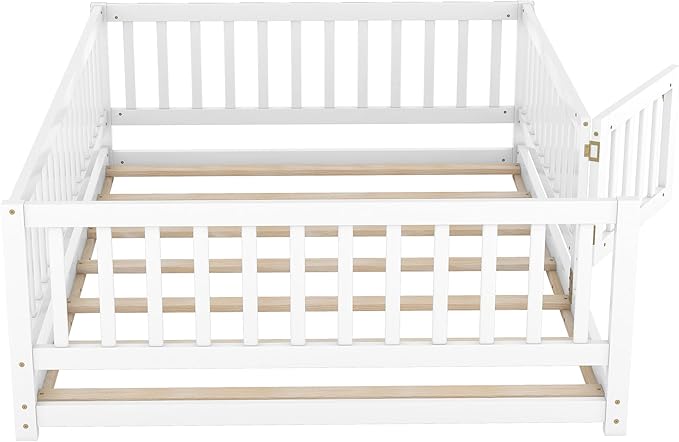 Bellemave Twin Size Montessori Floor Bed with 21.5" High Rails and Slats, Pine,Plywood Floor Bed with Small Door, Natural