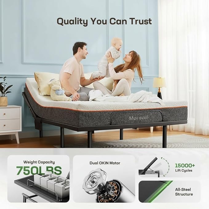 Marsail MS01-2 Split King Adjustable Base with Massage, Wireless Remote, 4 Adjustable Heights, Nightlight, 3 Minutes Fast Assembly