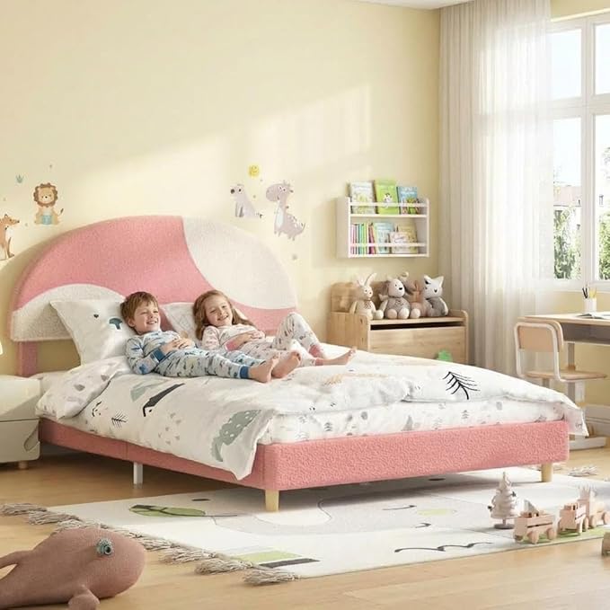 Garvee Full Bed Frame with Round Boucle Headboard, Upholstered Arch-Shaped Design in Soft Pink and White, Modern Kids Bed with Wooden Slats, No Box Spring Required and Easy Assembly