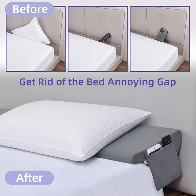 Vekkia 2-in-1 Queen Bed Wedge Pillow for Headboard Gap, Mattress Gap Filler Pillow to Cover 0-6" Gap, Bed Wedge Gap Filler with High-Density Foam, Removable Washable Cover, Gray, 60"x10"x8.5"