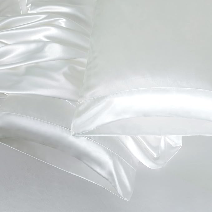 Homiest 4pcs Satin Sheets Set Luxury Silky Satin Bedding Set with Deep Pocket, 1 Fitted Sheet + 1 Flat Sheet + 2 Pillowcases (Full Size, White)