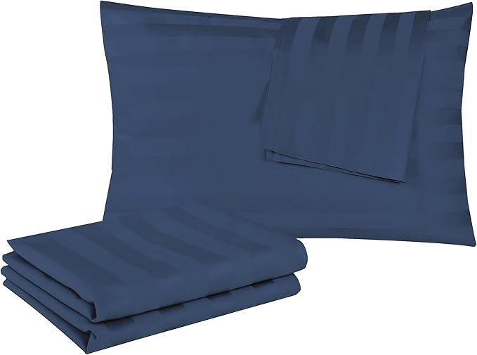 100% Egyptian Cotton Toddler Pillowcases Set of 4, 400 Thread Count Sateen Weave Small Pillow Protectors, Super Soft Breathable Zippered Pillow Covers 13x18 Inches (Stirpe Navy Blue, Toddler)