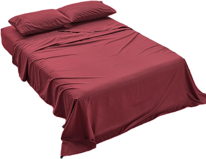 Kingnex Striped Sofa Bed Sheets Queen for Sleeper Sofa Bed Soft Double Brushed 4 Piece Bedding Pillowcase Set (60"x74"x6") Burgundy