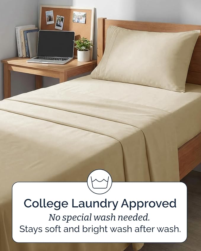 Twin XL 4 Piece Sheet Set - Comfy, Breathable & Cooling - Hotel Luxury Bedding for Women, Men, Kids, Teens and Children - 1 Flat & 1 Fitted Sheet & 2 Pillowcases w/ Deep Pockets - Wrinkle Free - Beige
