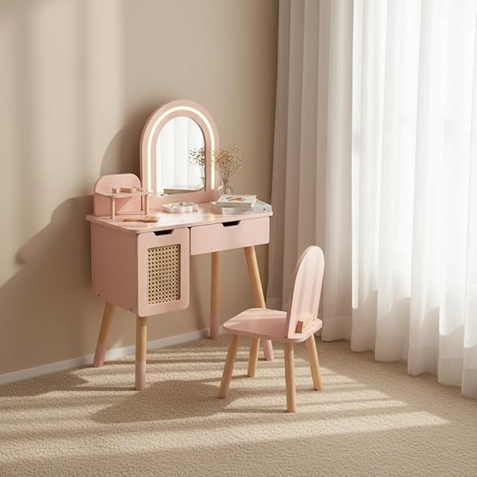 Kids Vanity Set with Lighted Mirror & Pretend Play Accessories, Pink Toddler Makeup Table and Chair Set with Storage Drawer, Princess Dressing Table for Little Girls Ages 3+