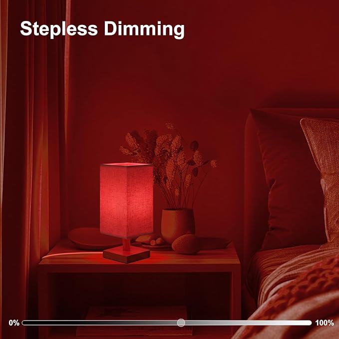 Red Light Lamp for Bedroom, Nightstand Lamp with 670nm Red & 3000-6500K White Light, Remote Control, Timer, Night Light, Dimmable LED Bedside Table Lamp with Memory Function, Wood Base & Fabric Shade