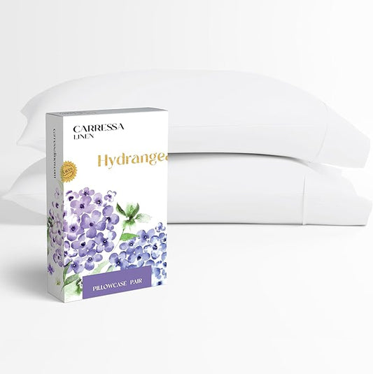 Carressa Linen 100% Egyptian Cotton Pillow Cases Queen Size Set of 2 - Luxury 600 Series Hydrangeas Collection Queen Size Pillowcases (White), Cooling Sateen Weave Hotel Quality Bed Pillow Cover