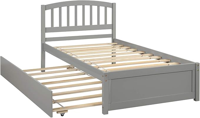Ball & Cast Trundle Bed Twin,Twin Trundle Bed Frame Roll Out,Solid Wood Bed Frames with Headboard and Wooden Slats Support,for Bedroom,Guest Room,Apartment,Gray
