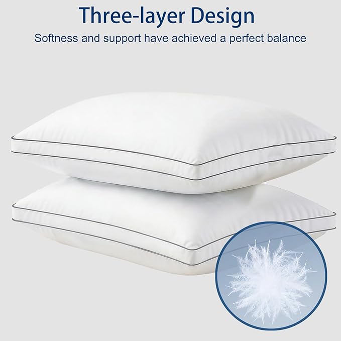 Goose Down Pillow King Size - 3-Chamber Gusseted Design for Balanced Neck Support - Luxury Hotel Collection Bed Pillow - Soft Medium Pillow for Side Back Sleepers - 1 Pack (19" x 35")