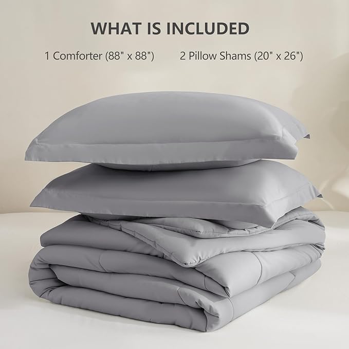 CozyLux Queen Comforter Set - 270GSM Grey Bedding Sets for All Seasons, 3 Pieces Box Stitched Bed Set with 1 Down Alternative Comforter and 2 Pillow Shams, Soft, Lightweight, Breathable
