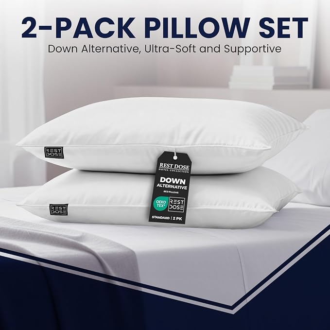 Bed Pillows for Sleeping, Set of 2 – Cooling, Hotel Quality with Soft Down Alternative Fill for Back, Stomach & Side Sleepers | White 100% Cotton Standard