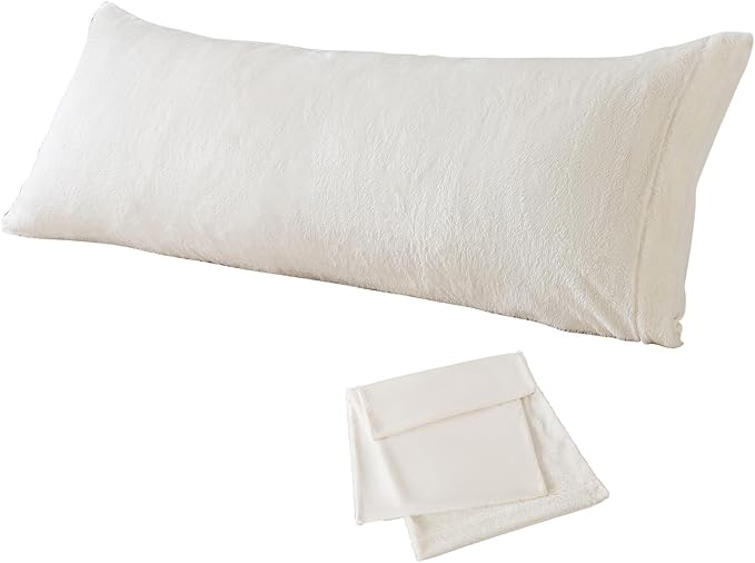 Whatsbedding Sherpa Body Pillow Cover, Ultra Soft Faux Fur Body Pillowcase, Luxury Shaggy Plush Long Pillowcase, Envelope Closure - Beige (20x54 inch)