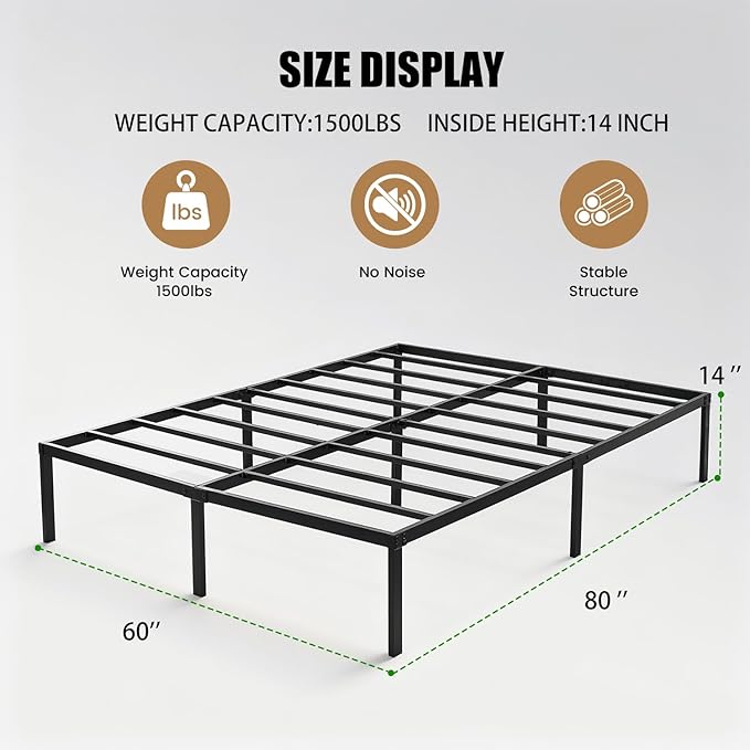 Heavy Duty Metal Bed Frame Queen Size 60" W 80" L 14" H inch with Storage Mattress Foundation Steel Slats Platform Easy Assembly Black