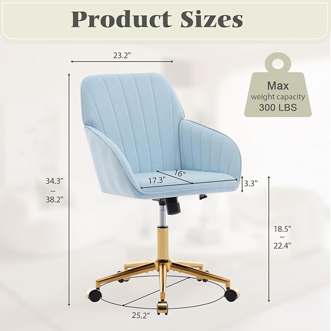 Velvet Vanity Chair with Wheels, Height Adjustable Swivel Makeup Chair, Armless Small Desk Chair for Bedroom/Office/Vanity Table, 250 lbs Capacity (Velvet, Blue-2)