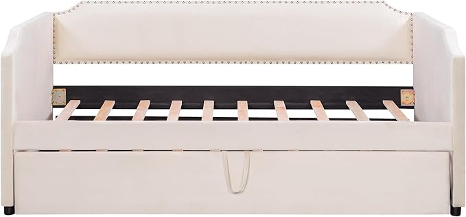 Merax Velvet Upholstered Daybed with Pop Up Trundle Twin to King Desigin, Twin Size Extendable Sofa Bed, Easy Assembly,No Box Spring Needed, Beige