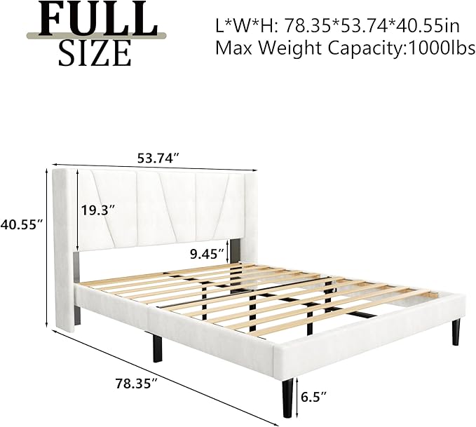 HAOARA Full Bed Frame with Headboard, Velvet Upholstered Platform Bed Frames with Wingboard, Contemporary Mattress Foundation, Noise Free, No Box Spring Needed, Easy Assembly, White