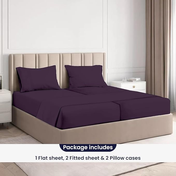 SGI Split King Sheet Set for Adjustable Bed Egyptian Premium Cotton 600 Thread Count Sheets for Sleep Number Bed 15" Deep Pocket 5 Pc Set with 2 Twin XL Fitted Sheets Soft Breathable -Plum