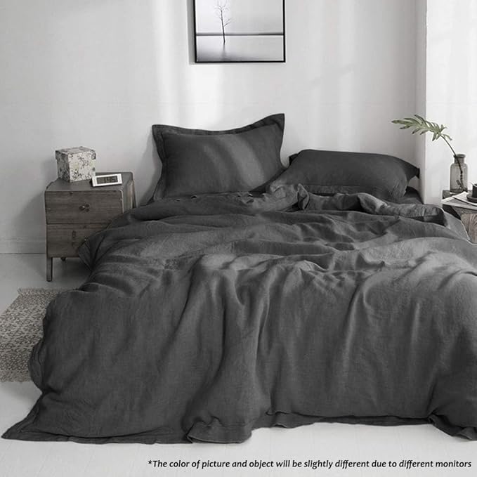 Simple&Opulence 100% Linen Duvet Cover Set with Embroidery Border Washed - 2 Pieces (1 Duvet Cover & 1 Pillow Sham) with Button Closure Soft Breathable Farmhouse - Dark Grey, Twin Size