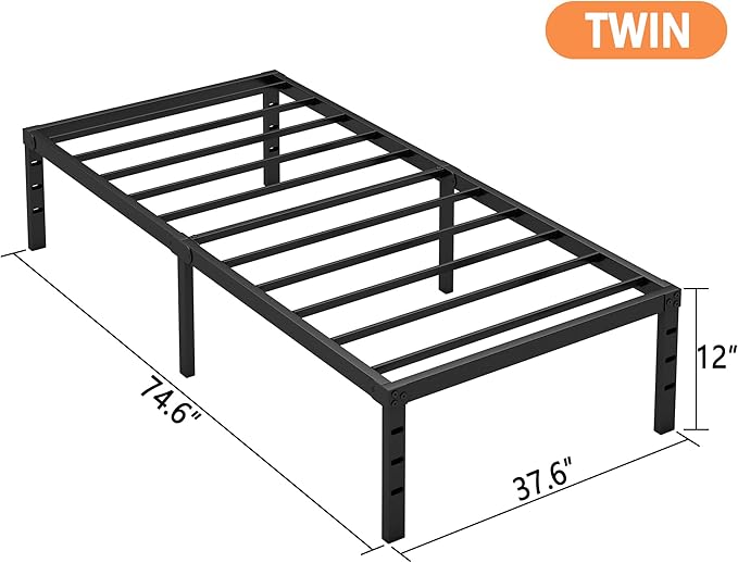 Hafenpo 12 Inch Twin Bed Frame - Sturdy Metal Platform Twin Size, No Box Spring Needed, Heavy Duty, Easy Assembly, Strong Bearing Capacity, Under Bed Storage, Black