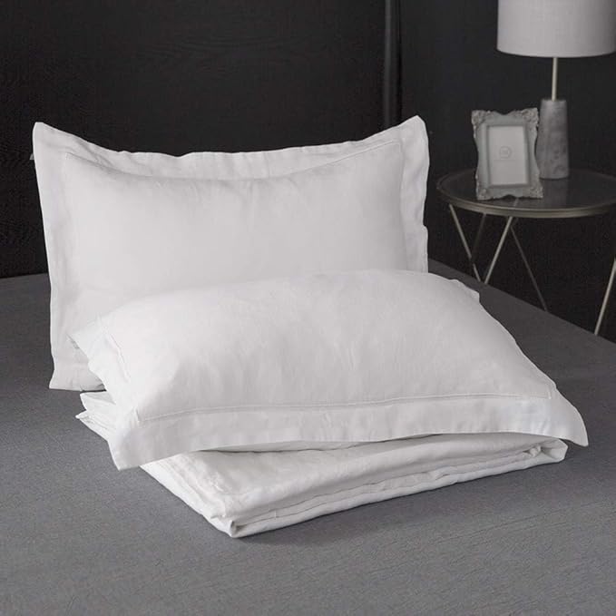 Simple&Opulence 100% Linen Duvet Cover Set with Embroidery Border Washed - 3 Pieces (1 Duvet Cover with 2 Pillow Shams) with Button Closure Soft Breathable Farmhouse - White, Full Size