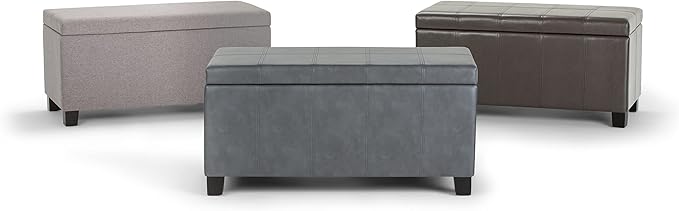 SIMPLIHOME Dover Storage Ottoman Bench - 36 inch Wide Upholstered Vegan Leather Rectangular Lift-Top Ottoman in Stone Grey, Contemporary Bench for Living Room with Safety Hinges