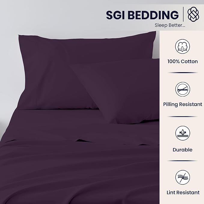 SGI Split King Sheet Set for Adjustable Bed Egyptian Premium Cotton 600 Thread Count Sheets for Sleep Number Bed 15" Deep Pocket 5 Pc Set with 2 Twin XL Fitted Sheets Soft Breathable -Plum